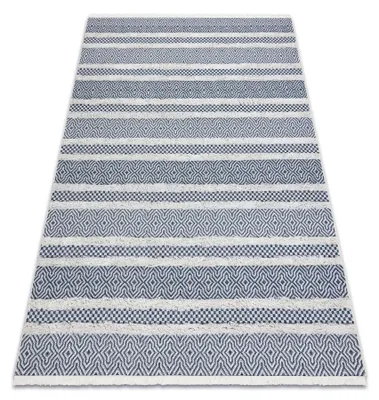 Zdjęcie produktu dla Dywan MOROC Linie 22328 Ekologiczny, EKO SIZAL frędzle - dwa poziomy runa krem / granatowy, dywan z bawełny recyklingowanej niebieski 175x270 cm