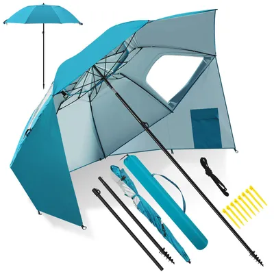 Image de Parasol de plage Eikuavons 210 cm avec piquet en spirale, protection UV 50+, inclinable, hydrofuge, avec sac de transport pour la plage, le jardin ou le camping, bleu ciel
