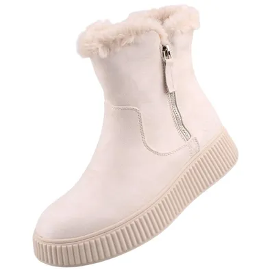 A single beige boot with faux fur trim and a zipper closure, presented against a white background.