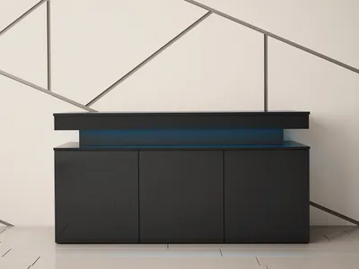 Zdjęcie produktu dla MIRJAN24 Komoda 3D 160 Glossa, wysoka szafka z trzema drzwiami skrzydłowymi, kredens z niebieskim oświetleniem LED (kolor: czarny / czarny z połyskiem)