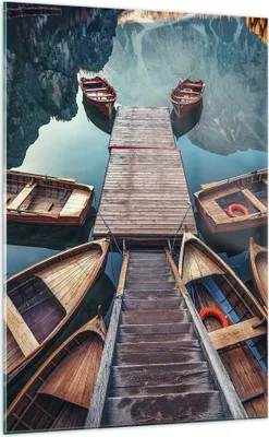 Produktbild von Bilder auf glas - Einteilig - Berge Boot Wasser - 70x100cm - Glasbilder - Wandbilder - Bilder - zum Aufhängen bereit - Wanddekoration aus Glas - Glas Bilder - Wandbild auf Glas - GPA70x100-3971