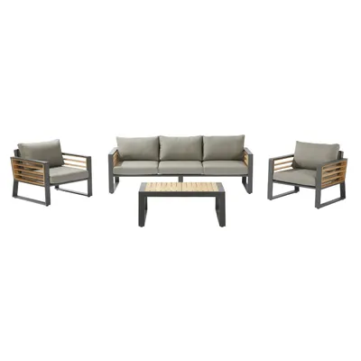 Produktbild von NATERIAL - Gartenmöbel Set IONIS - Gartenlounge mit Kissen - 5 Personen - 1 Outdoor-Sofa - 2 Sessel - 1 Outdoor-Couchtisch L.105 x B. 81,5 x H. 41,5 cm - Aluminium - Teakholz- Anthrazit - Grau