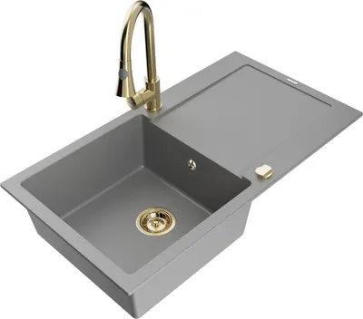 Produktbild von Mexen Leo 1 Becken-Granitspüle mit Abtropffläche und Mischbatterie Elia, Grau - 6501-71-670101-50