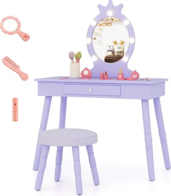 Image de Coiffeuse pour enfants - Coiffeuse avec éclairage - 2 en 1 - Miroir amovible - Tiroir - Tabouret inclus - Bois - Violet