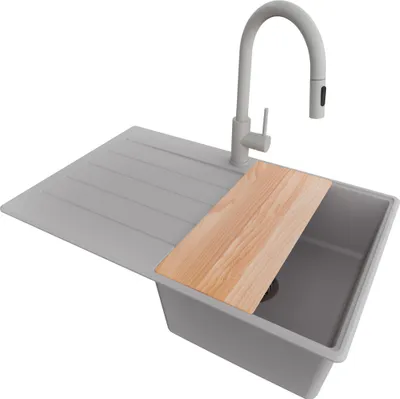 Produktbild von PRIMAGRAN Granitspüle Grau 78x50cm, Spülbecken 1 Becken + Küchenarmatur 40x20cm + Ablauf-Set + Schneidebrett, Küchenspüle ab 45er Unterschrank - Kopenhagen