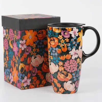 Produktbild von Keramikbecher mit Blumen-Deckel 500 ml, spülmaschinen- & mikrowellengeeignet, für unterwegs