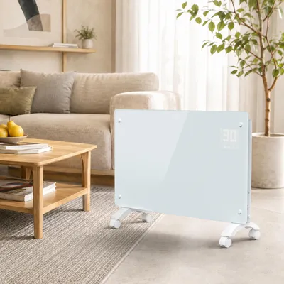 Obrázok produktu pre Elektrický konvektor Peviasot, 2500 W, biela farba. Vybavený Wi-Fi aplikáciou, LED dotykovým ovládaním, nastaviteľnou teplotou 5–50 °C, 24h časovačom, ochranou IP24 a je mobilný vďaka kolieskam