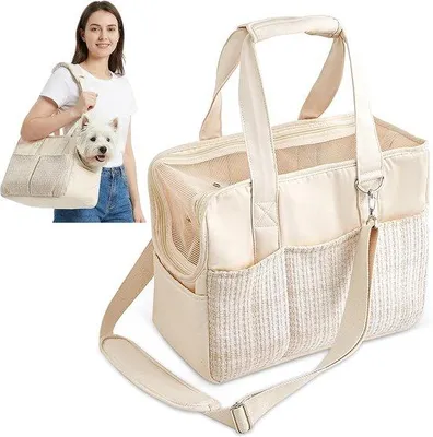 Immagine prodotto di Borsa pieghevole per cani e gatti di piccola taglia, con scomparti, cintura di sicurezza e cuscini, per il viaggio e le uscite, beige