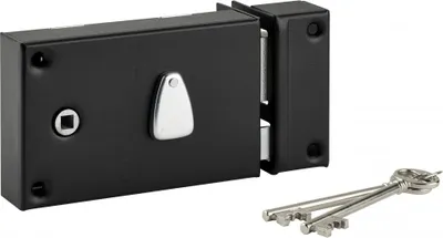 Image de Serrure horizontale en applique 6 gorges à fouillot pour entrée, droite, axe 56mm, carré 7mm, 140x88mm, noir, 2 clés - THIRARD
