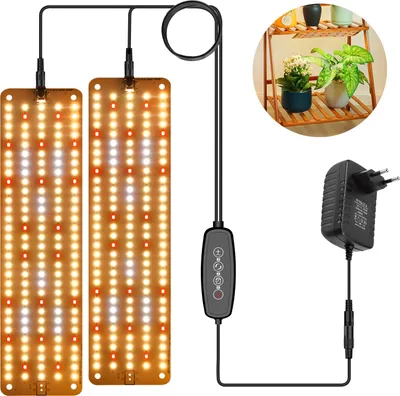 A product shot of two LED grow light panels connected to a controller and power adapter, with a small inset image showing plants on a shelf.