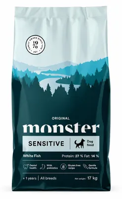 Produktbild von Monster Dog Original Sensitive 17kg Glutenfreies Trockenfutter mit Fisch für erwachsene Hunde mit empfindlichem Magen, KI-generiertes Bild
