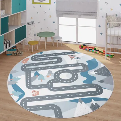 Produktbild von TT Home Kinder-Teppich, Spiel-Teppich Für Kinderzimmer Straßen-Motiv Mit Tieren Creme Größe 160 cm Rund