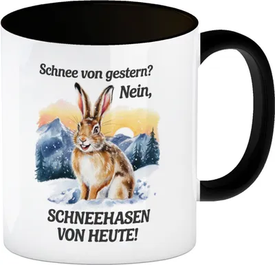 Produktbild von Fröhlicher Schneehase Kaffeebecher in schwarz
