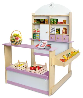 Produktbild von Kaufladen Kinder Kaufmannsladen Holz Verkaufsstand mit 3 Schubladen Schrank Uhr Theke Seitentheke Farbe Rosa