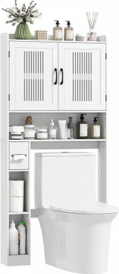 Produktbild von HOMCOM WC-/Waschmaschinen-Überbauschrank mit Doppeltür, verstellbarem Einlegeboden, Badezimmer-Aufbewahrungseinheit mit Fächern und Toilettenpapierhalter, 80 x 19,5 x 170 cm, Weiß