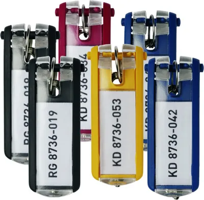 A collection of colorful key tags with labels.