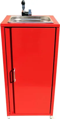 A red mobile sink unit with a silver sink and faucet, shown against a white background.