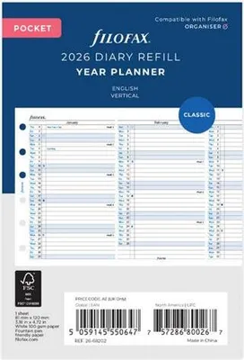 Produktbild von FILOFAX Kalendereinlage 2026 - Pocket - Jahresplaner - vertikal - englisch - 26-68202