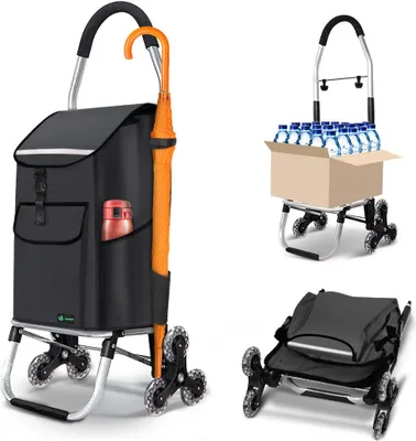 Produktbild von VOUNOT® Aluminium Einkaufstrolley Treppensteiger, Trolly Einkaufswagen Klappbar mit Haken 6 Räder, Schwarz