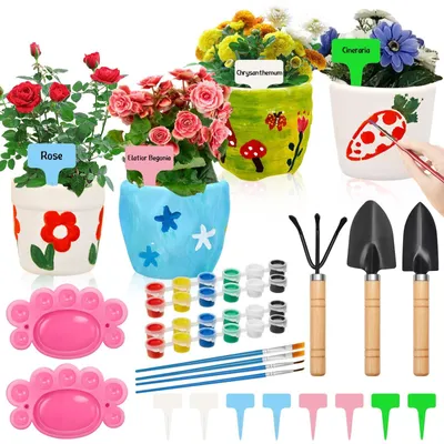 Imagen del producto de Juego de 4 macetas de cerámica con herramientas de jardinería
