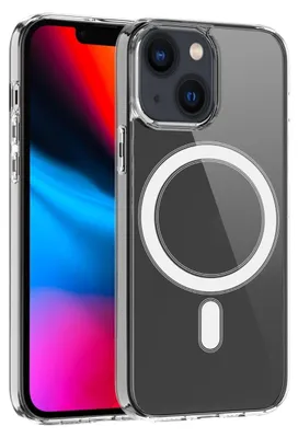 A clear, studio shot of a transparent phone case with a magnetic ring, placed over a phone with a colorful screen.