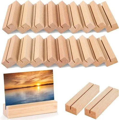 Productafbeelding van Houten kaartenhouders - 20 stuks - Stevige houten standaardjes voor foto's, ansichtkaarten, menukaarten - geschikt voor bruiloften, verjaardagen, feestjes. Kaarthouders