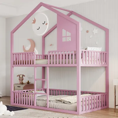 Obrázok produktu pre Detská poschodová posteľ 90x200 cm z kovu, domčeková posteľ s strešným rámom a oknami, bezpečnostnou zábranou, rovným rebríkom a flexibilným spodným priestorom, ružová farba