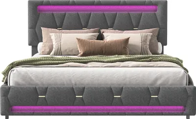 Produktbild von Fortuna Lai Polsterbett 140x200 cm in Grau, Funktionsbett aus Leinen mit LED-Beleuchtung, höhenverstellbarem Kopfteil und 4 Schubladen – Doppelbett mit Stauraum