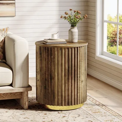 Produktbild von Tribesigns Beistelltisch mit geriffeltem Sockel, Runder Beistelltisch im Landhausstil, Holz-Nachttisch, Wohnzimmer, Schlafzimmer, Rustikales Braun