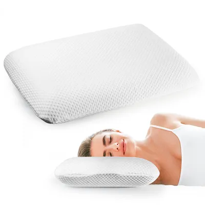 A woman sleeping on a pillow, with a close-up of the pillow above her.