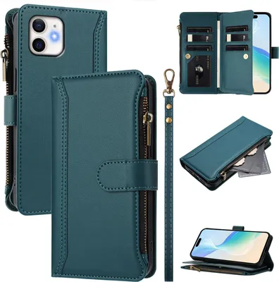 Produktbild von Handyhülle für iPhone 12/12 Pro Reißverschluss Geldbörse Kunstleder Klapphülle mit Kartensteckplatz, Ständer, Handschlaufe Grün