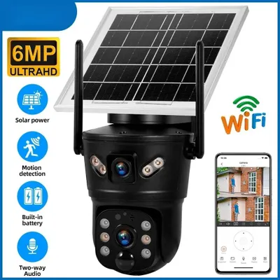 Produktbild von Überwachungskamera für außen - D05 Solar-WLAN - 6 MP Doppelobjektiv - 4G-SIM - Schwenken Neigen Zoomen - Bewegungserkennung - Wasserdicht - Solarpanel