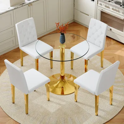 Image de Ensemble de salle à manger moderne comprenant une table ronde de 85 cm de diamètre en verre trempé et 4 chaises rembourrées blanc et or, ensemble de salle à manger peu encombrant pour la salle à manger et la cuisine