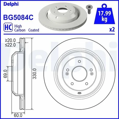Produktbild von 2x DELPHI Bremsscheibe BG5084C für KIA Stinger Schrägheck (CK) 60mm 330mm