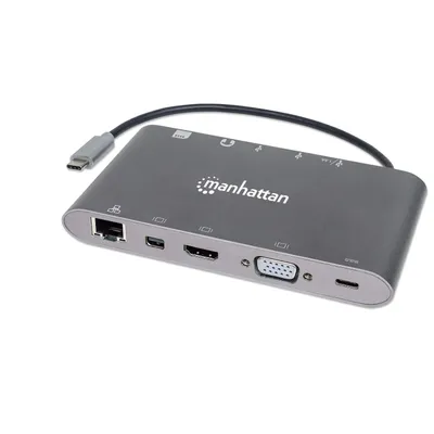 Produktbild von Manhattan SuperSpeed USB-C 7-in-1-Dockingstation, USB 3.1 Typ C-Stecker auf HDMI, Mini DisplayPort oder VGA, drei USB 3.0 Typ A-Ports, USB-C-PD-Port, Gigabit-RJ45-Port, SD-Kartenleser und 3,5 mm-Audioanschluss; Aluminium, grau, Kabelgebunden, USB 3.2 Gen 1 (3.1 Gen 1) Type-C, Silber, MicroSD (TransFlash), MicroSDHC, SD, SDHC, Aluminium, HDCP 1.4 CE FCC RoHS2 WEEE