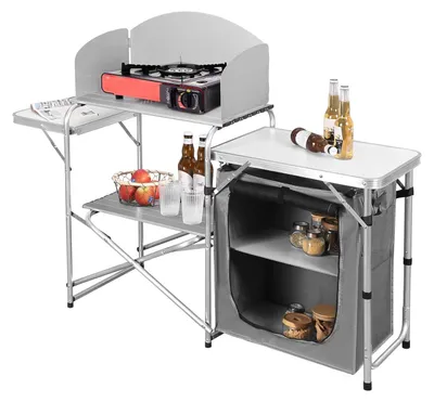 Produktbild von Campingküchenschrank Campingkochtisch Outdoor-Küchenstation - Klappbar - Weiß und Grau - 80 x 50 x 12 cm - Für Camping, Picknick und BBQ