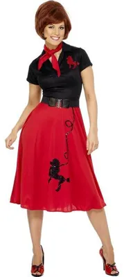 Produktbild von Stil der 50er Jahre Pudel-Kostüm, rot, mit Kleid, Schal und Gürtel, Größe:L