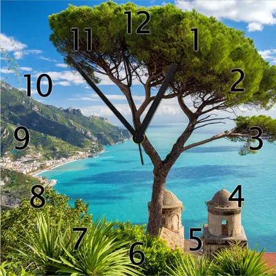Produktbild von Wallario Design Wanduhr Italienische Küste aus Echtglas, Größe 30 x 30 cm