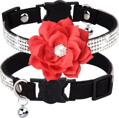 Produktbild von Katzenhalsband mit Strasssteinen und Glocke | Sicherheitsverschluss | Blumenhalsband für Katzen und kleine Hunde