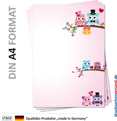 Produktbild von Motiv Briefpapier (Eulen-5140, DIN A4, 25 Blatt) Motivpapier Eulenpapier, rosa pink Hochzeits-Eulen mit Hut sitzend auf einem Baum mit bunten Blättern mit Herzchen und Glöckchen glückliche Eulen