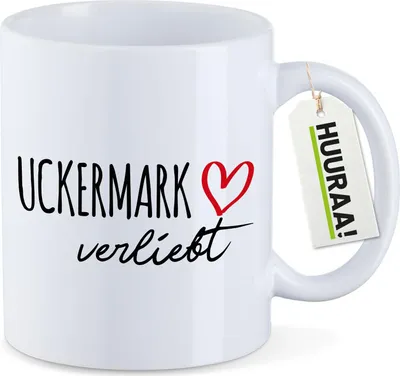 Produktbild von Huuraa Kaffeetasse Uckermark verliebt 330ml Weiß Keramik Kaffeebecher Geschenkidee