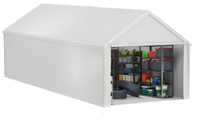Productafbeelding van NAIZY 4MX8M Wit/Grijze, transportabele voertuigtent met verzinkte stalen buizen, PE-doek, inclusief grondpennen, geschikt voor auto's, motorfietsen en seizoensgebruik
