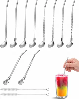 Productafbeelding van Set van 10 RVS Drinkrietjes met Lepels en Reinigingsborstels