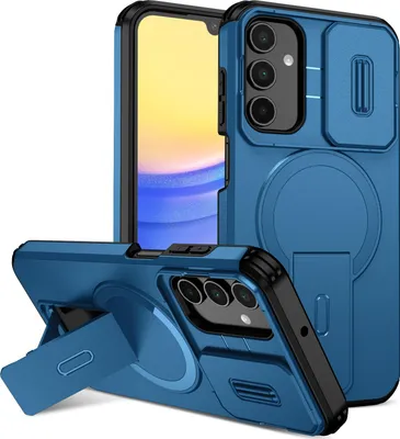 Produktbild von Magnetisch Hülle für Samsung Galaxy A15 5G/4G, Dual Layer Stoßfest Handyhülle mit Dia Kameraschutz, Verstellbarem Ständer Blau