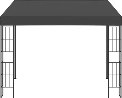 A studio shot of a gray gazebo with a black metal frame against a white background.