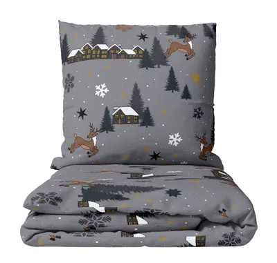 Produktbild von 2 teilige Kuschelige Winter Bettwäsche Fleece 135x200 cm Grau Elch Schneeflocken mit Reißverschluss
