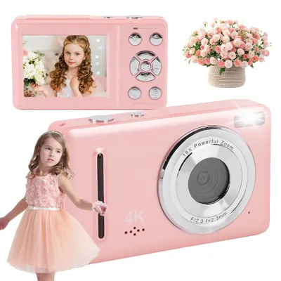 Image de Appareil photo numérique pour enfants 4K 64 MP, zoom 18x, écran 2,4 pouces, mini appareil photo compact, selfie, format de poche, rose, 64 Go, appareil photo de voyage