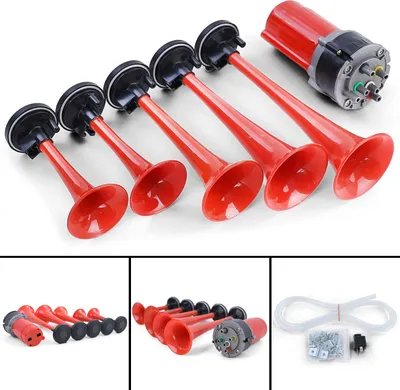 Produktbild von 5 Klang Fanfare Hupe General Lee Melodie mit Kompressor Rot 118dB 12 Volt