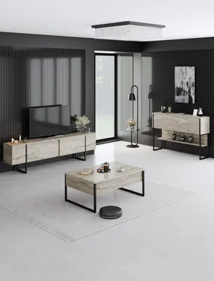 A modern living room with a TV stand, coffee table, and other furniture.