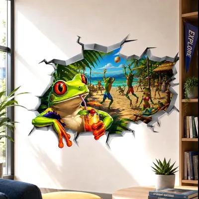 Obrázek produktu pro Decords, samolepka na zeď – vtipná žába na pláži s 3D efektem, 180 cm